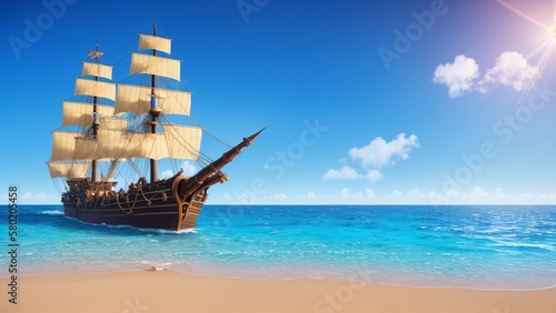 Fotografiet tropical paradise beach with pirate ship view travel tourism wide AI Generative