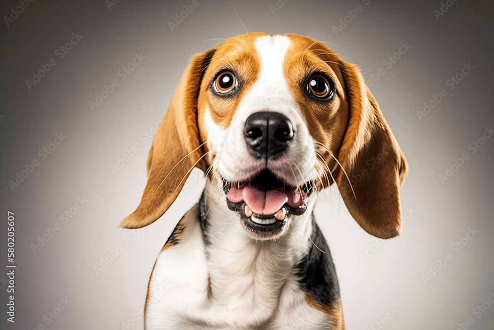 Cute beagle dog standing alone on a white background and looking at the camera. Studio portrait of a funny and happy dog with its tongue out and a smile. Generative AI