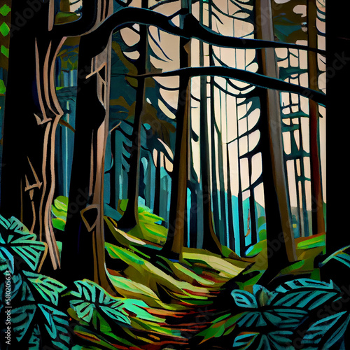 Illustration in a painterly style of a forest path. Generative AI.