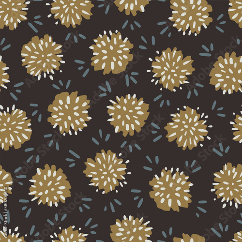 Goldenrod Pompoms on Dark Brown Seamless Vector Repeat Pattern