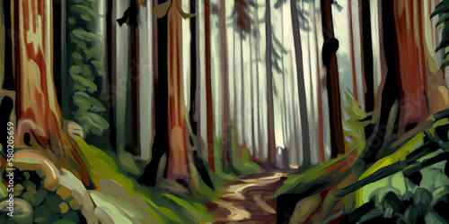 Illustration in a painterly style of a forest path. Generative AI.