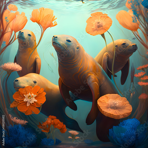 Sea lions in the sea