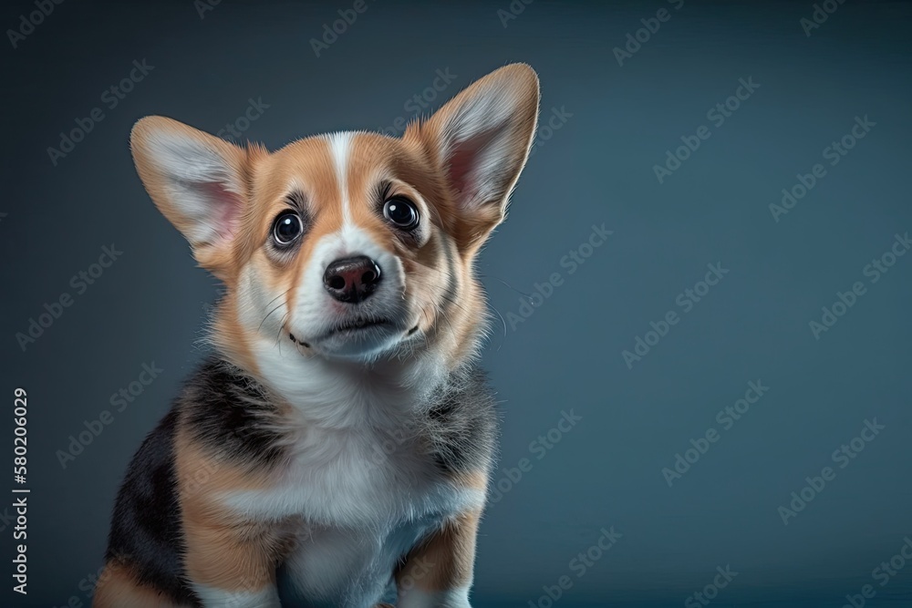 A scared corgi puppy in a studio portrait, set against a blue background. The scared look on a dog's face. The dog looks for the treat and waits for it. How to take care of a pet. Banner. Generative