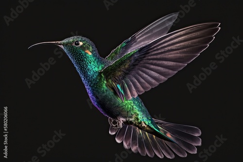 Sparkling violetear hummingbird (Colibri coruscans) in the air. Low key picture of a bird. Bird flying. It's dark. A beautiful green bird in flight against a black background in Colombia. Generative photo