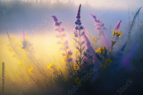 Wild spring flowers and grass on a foggy morning in the first rays of the sun. AI generation  © Olmyntay