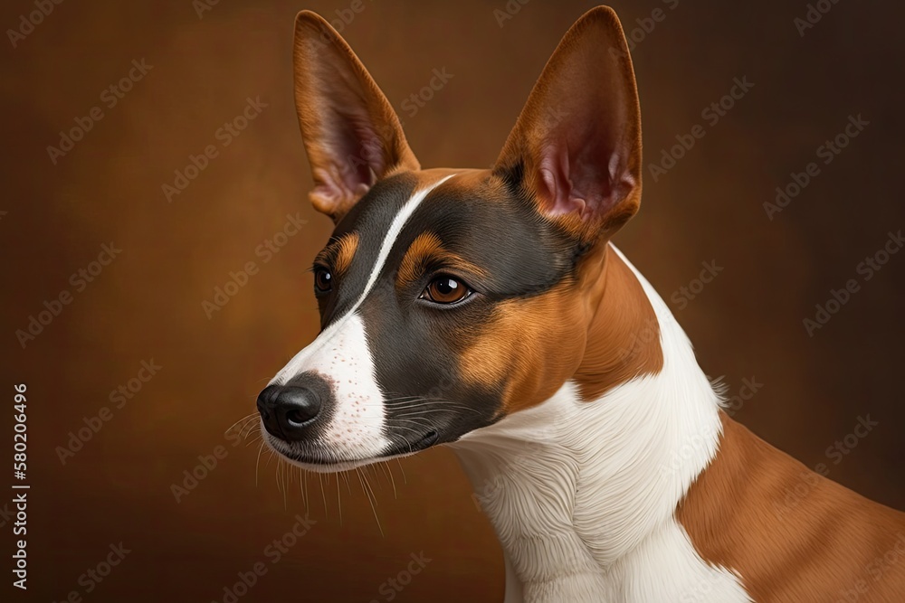 A picture of a young black, orange, and white African Basenji dog against a brown background. Generative AI