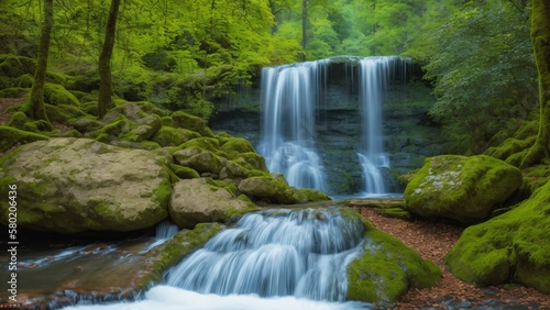 Flowing River Stream Waterfalls in Green Forest Trees Landscape AI Generative