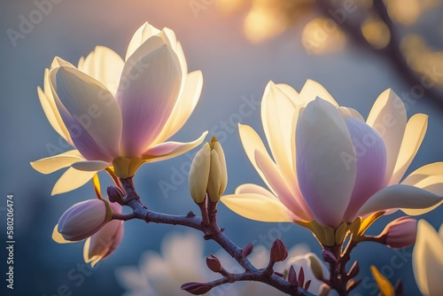 Blooming magnolia flowers on a branch in the light of dawn. AI generation