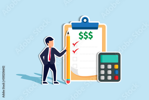 Project cost estimation, calculate budget or resources to finish work, financial plan, invoice or tax, expense or loan concept, businessman with calculator estimate cost from project document.
