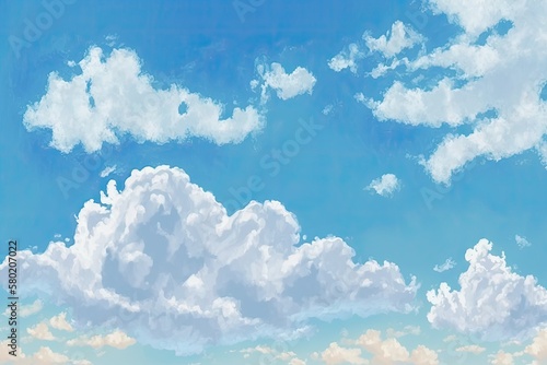 a clear sky with white fluffy clouds. Generative AI © AkuAku