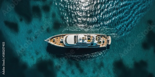 Top view on luxury yacht in paradise turquoise ocean water. Generative AI © AngrySun