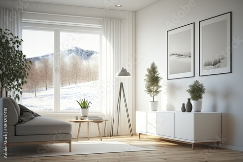 Interior of a white minimalist living room with a couch, dresser on a wooden floor, decorations, and a white landscape beyond the window. Nordic interior design. Generative AI