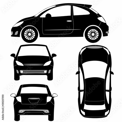 Car silhouette on white background. Vehicle icons set the view from side, front, rear and top