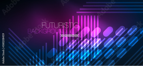 Background wallpaper neon glowing lines and geometric shapes. Dark wallpaper for concept of AI technology, blockchain, communication, 5G, science, business and technology