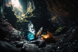 Unleashing the Beauty: A Butterfly & Fairy Tale Insect Explore a Hidden Cave near a Majestic Waterfall in Unreal Engine 5's Ultra-Wide Angle , Generative ai