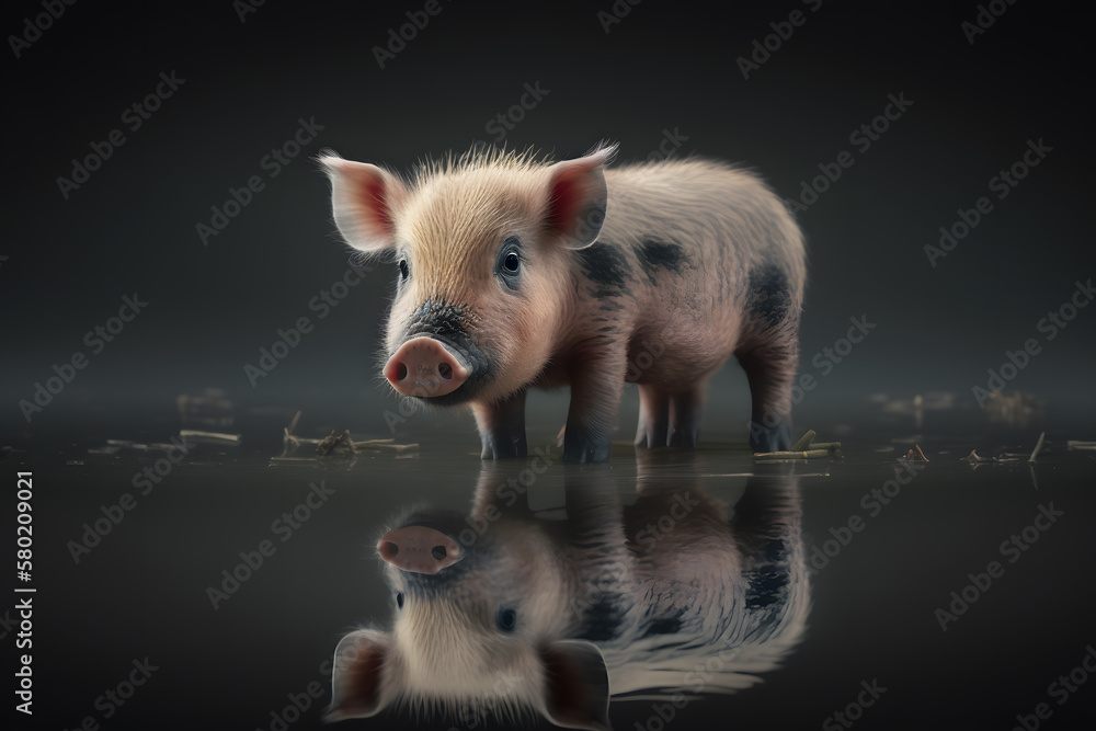 Cute pig standing in the mud. Farm animals in natural environment. Perfect for agriculture and nature related projects. Generative AI