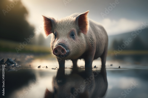 Cute pig standing in the mud. Farm animals in natural environment. Perfect for agriculture and nature related projects Generative AI