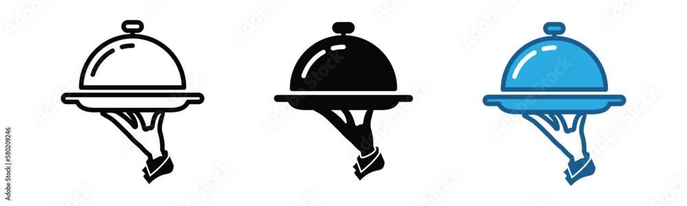 Hand holding tray icon set. Covered plate or plate cover icon. Restaurant waiter, waitress, maid icon symbol in line and flat style. Serving food with cloche. Catering service. vector illustration Hand holding tray icon set. Covered plate or plate cover icon. Restaurant waiter, waitress, maid icon symbol in line and flat style. Serving food with cloche. Catering service. vector illustration