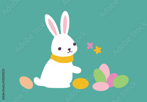 cute white easter bunny next to colorful eggs  flowers  pastel colors  green background  minimalist  flat design  vector illustration