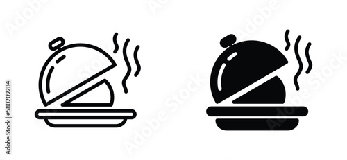 Restaurannt cloche icon set. Covered plate or plate cover icon. Restaurant waiter, waitress, maid icon symbol in line and flat style. Serving food with tray. Catering service. vector illustration