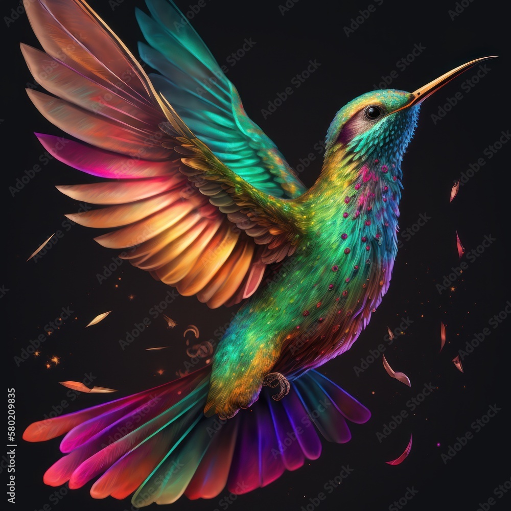 Obraz premium Majestic Rainbow Bird Soaring Through Space
