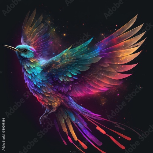 Majestic Rainbow Bird Soaring Through Space