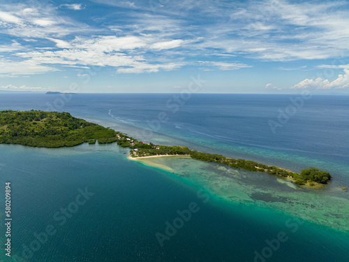 Aerial view of tropical island coastline and blue sea. Ocean and blue sky. Turtle Islands, Negros, Philippines © Alex Traveler