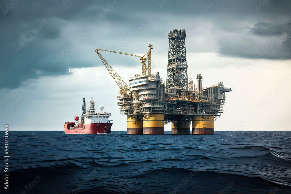 Drilling rig and vessel in offshore area, blue sea and sky. Photo generative AI Drilling rig and vessel in offshore area, blue sea and sky. Photo generative AI