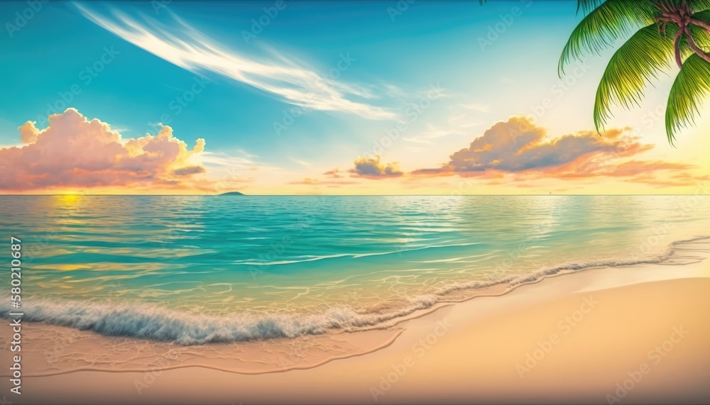 Tropical island with beach and palm trees. Sunny ocean vacation landscape. Paradise sunset.