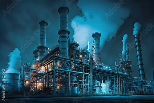 Abstract of Night at Oil Refinery, Chem. & Petrochem. Plant. Photo generative AI photo