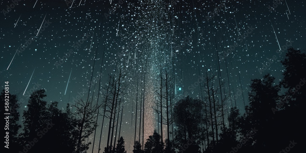 Abstract time lapse night sky with shooting stars over forest landscape. Milky way glowing lights background. - obrazy, fototapety, plakaty 
