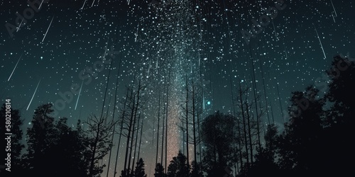 Stampa su tela Abstract time lapse night sky with shooting stars over forest landscape