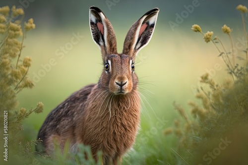 European hare stands in the grass and looks at the camera. Lepus europaeus. Generative AI photo