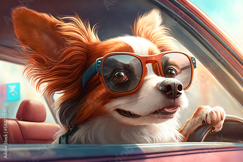 A dog sitting in the driver's seat of a car, wearing sunglasses and looking at the camera - illustration - Generative AI © Florian