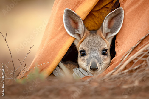 A curious baby kangaroo peering out of its mother's pouch in the Australian outback - Generative AI