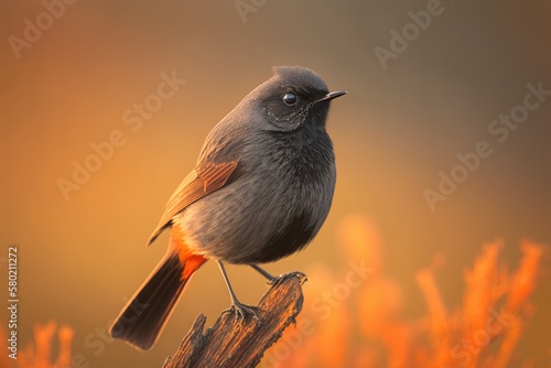 A vertical picture of a Black redstart at dawn (Phoenicurus ochruros). Generative AI photo