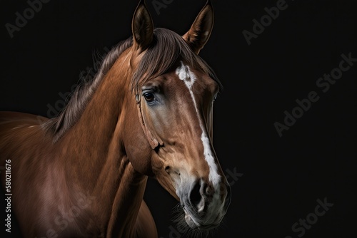 A frontal portrait of a brown horse with a white spot on its face, made in studio light on a black background. Generative AI
