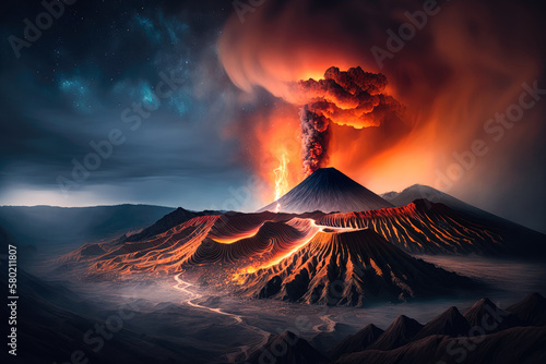 The active volcano Mount Bromo in Indonesia, with the fiery orange hues of the volcano contrasting with the dark sky, illustration - Generative AI © Florian