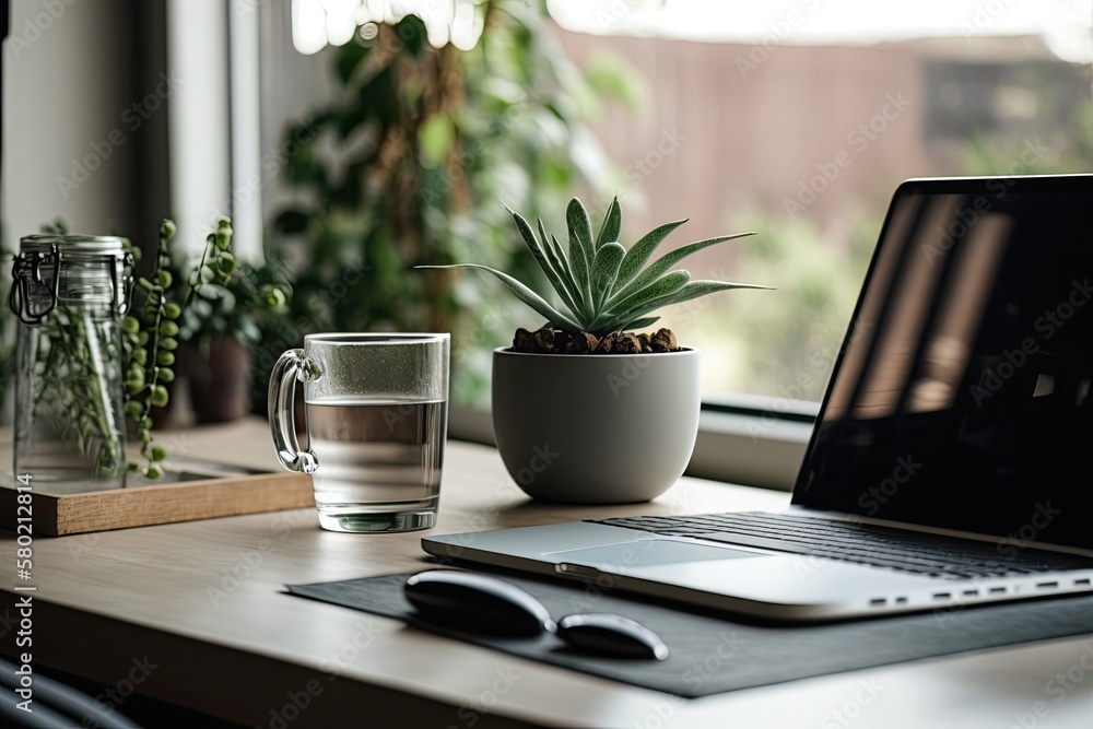 A close up of a comfy office desk in a glass walled office is shown with a laptop, a cup, a planter, office supplies, and copy space on a white table. Generative AI A close up of a comfy office desk in a glass walled office is shown with a laptop, a cup, a planter, office supplies, and copy space on a white table. Generative AI
