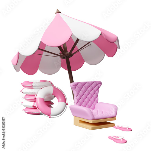 summer sea beach 3d with sofa chair, umbrella, pile of stacked lifebuoy, sandals isolated. summer travel concept, 3d render illustration © sirawut