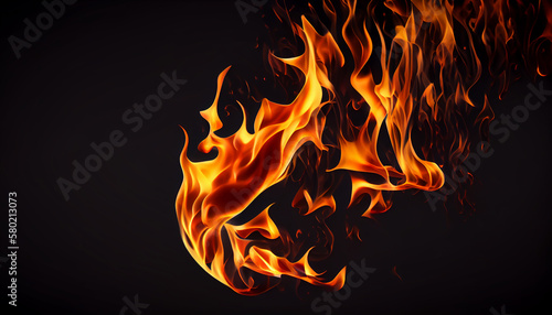 Fire abstract background with flames and copy space. Isolated on black background. Generative AI.