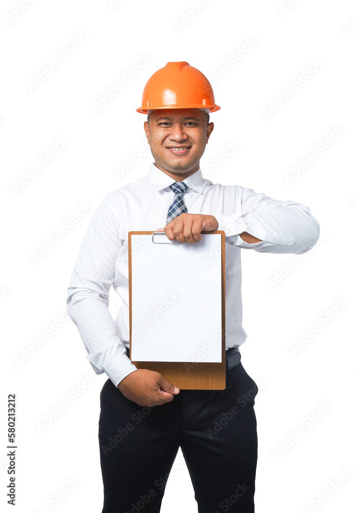Young engineer or architect presenting work with clipboard and smiling happy .copy space transparent background,png file.