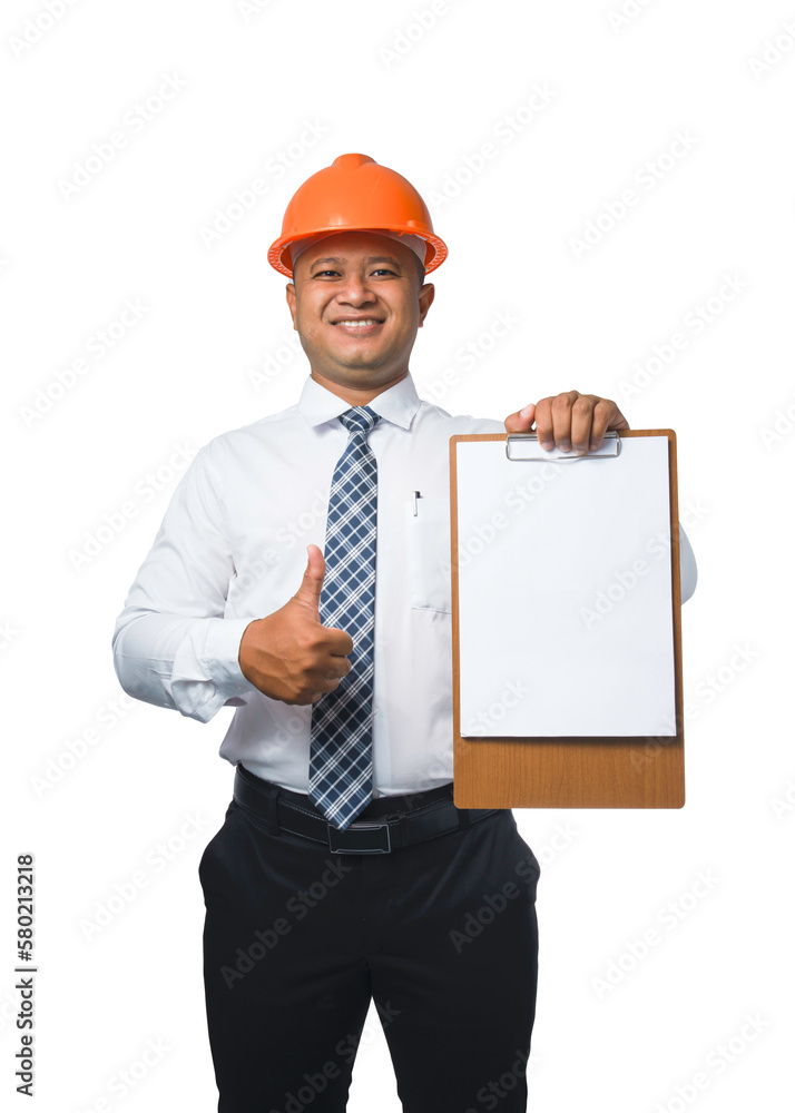 Young engineer or architect presenting work with clipboard and smiling happy .copy space transparent background,png file. Young engineer or architect presenting work with clipboard and smiling happy .copy space transparent background,png file.