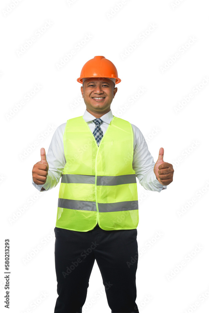 Portrait of a handsome chief engineer wearing a hard hat. Wear a reflective vest.transparent background,png file.