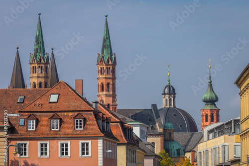 Wurzburg cityscape with towers at sunset, Romantic road in Bavaria, Germany