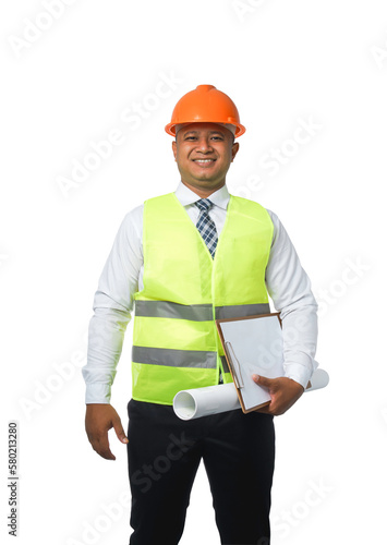 Portrait of a handsome chief engineer wearing a hard hat. Put on a reflective vest. Hold a clipboard and blueprints.transparent background,png file.