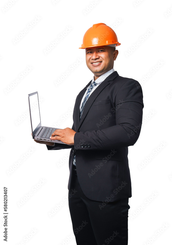 Portrait of a handsome chief engineer wearing a black suit and orange helmet holding a laptop transparent background,png file. Portrait of a handsome chief engineer wearing a black suit and orange helmet holding a laptop transparent background,png file.