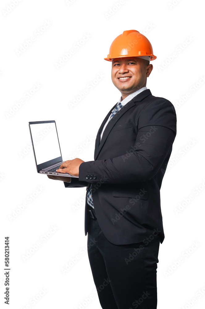 Portrait of a handsome chief engineer wearing a black suit and orange helmet holding a laptop transparent background,png file. Portrait of a handsome chief engineer wearing a black suit and orange helmet holding a laptop transparent background,png file.