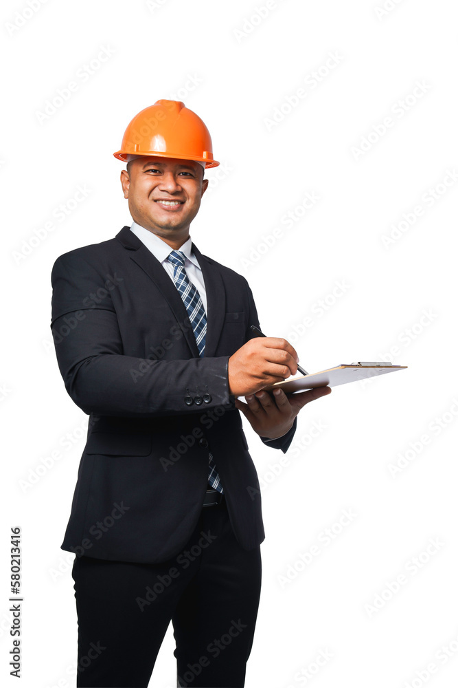 Portrait of handsome chief engineer wearing black suit orange helmet writing clipboard transparent background,png file. Portrait of handsome chief engineer wearing black suit orange helmet writing clipboard transparent background,png file.