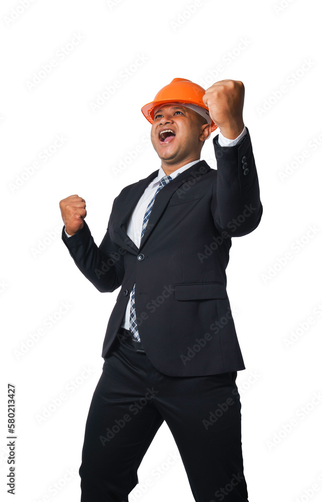 Portrait of a handsome chief engineer wearing a black suit and orange helmet clenching his fists in a very happy gesture transparent background,png file. Portrait of a handsome chief engineer wearing a black suit and orange helmet clenching his fists in a very happy gesture transparent background,png file.